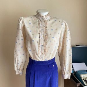 VTG Work Habits Size 10 Blouse Ruffles Long Sleeve Button Down Leaves Colorful